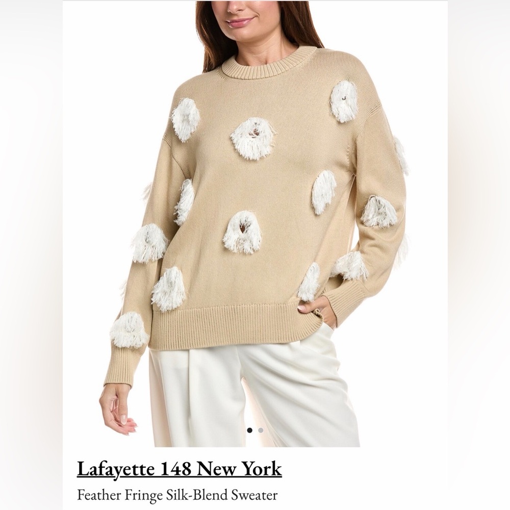 Lafayette 148 New York Feather Fringe Crochet Silk-Blend Sweater Women's Beige S - Picture 14 of 16
